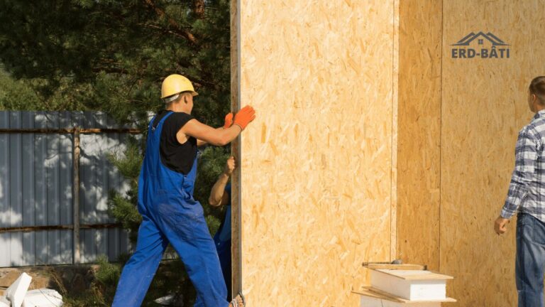 Deux ouvriers installant un panneau en bois OSB sur un chantier de construction en extérieur.