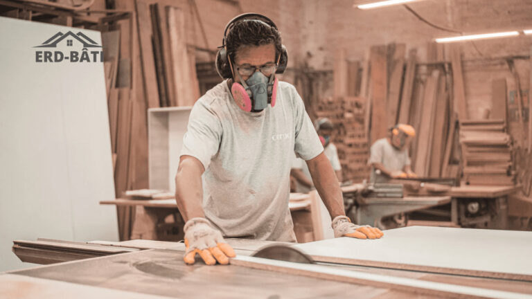 Un artisan travaille le bois dans son atelier, tout en portant un masque de protection