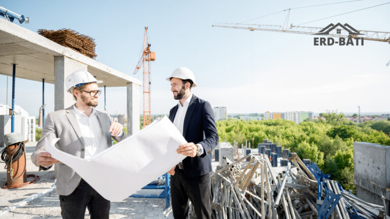 Deux hommes d'affaires en costume, perchés au-dessus d'un chantier en construction, étudient attentivement les plans du bâtiment