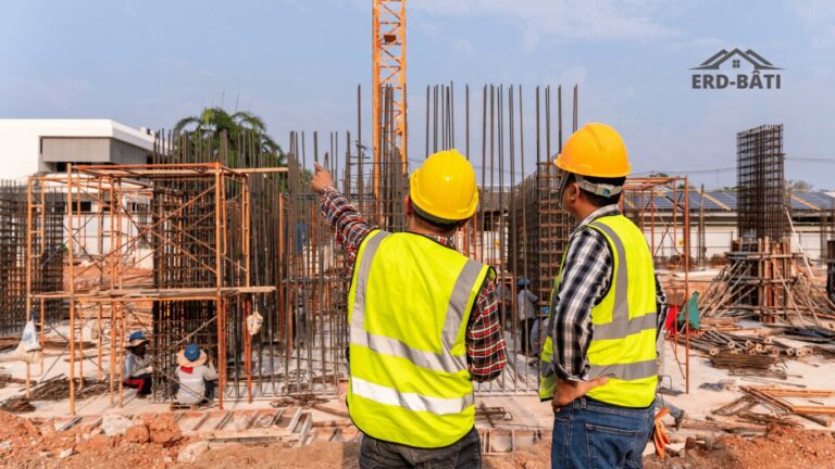 Deux ingénieurs en gilets de haute visibilité et casques de sécurité jaunes supervisant la construction sur un chantier, avec des ouvriers et des échafaudages en arrière-plan.